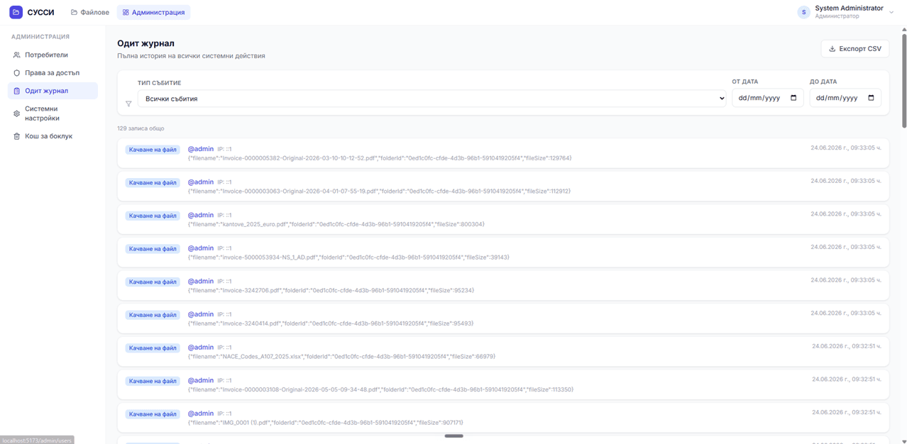 Audit log — всяко действие с IP, потребител и metadata + export CSV — СУССИ — система за управление на съхранението и споделянето на информация, Treasure Digital